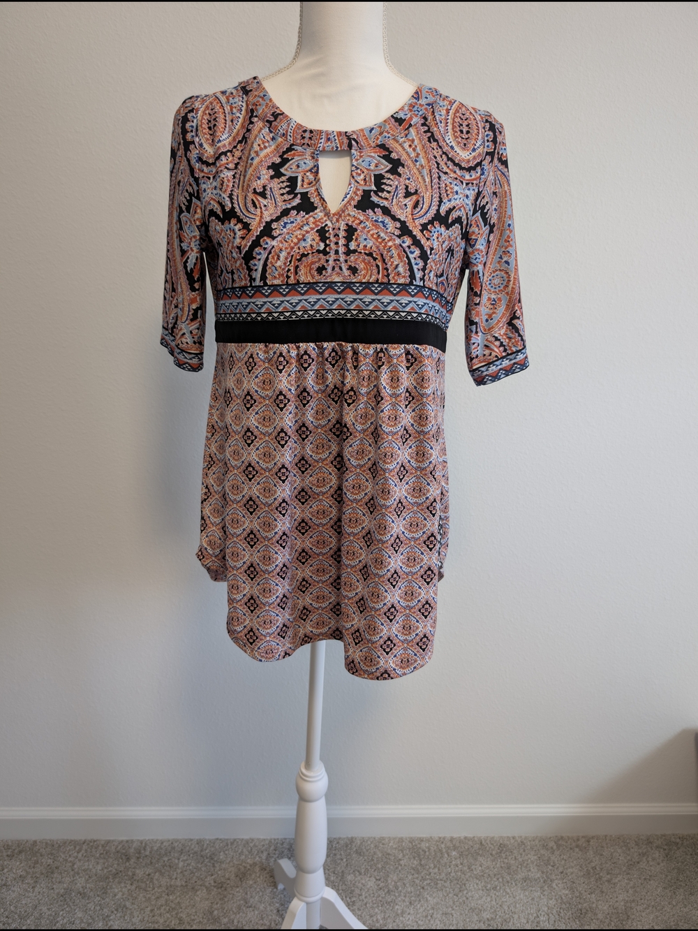 Notations Women's Small Paisley Blouse 3/4 Sleeve Keyhole Neck Bohemian Top